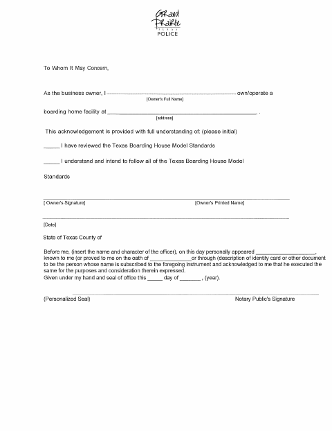 First page of the Boarding Home Facility Operator Acknowledgement