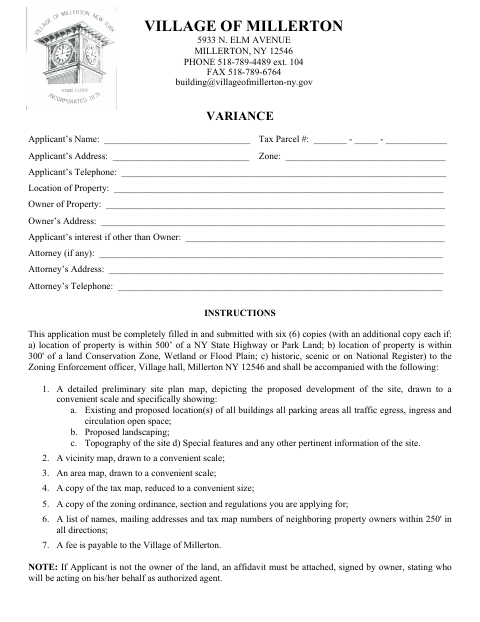 First page of the Variance Application