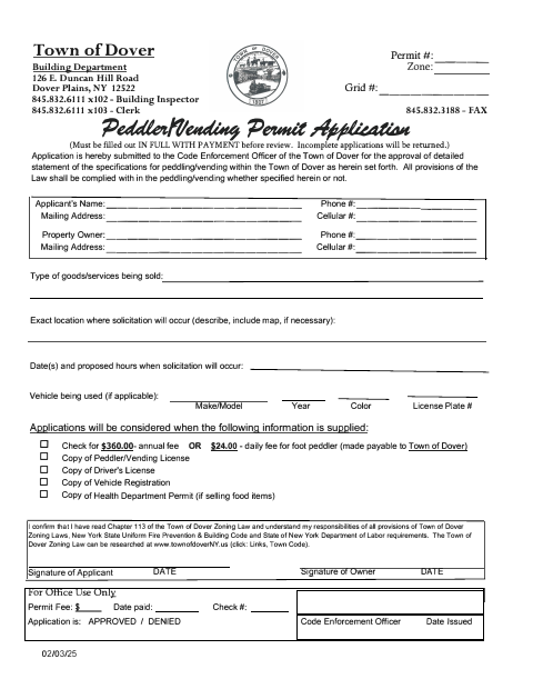 First page of the Application for Peddlers Vending Permit