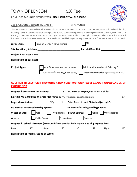 First page of the Zoning Clearance Application – Non-Residential Project