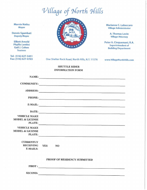 First page of the Shuttle Rider Information Form