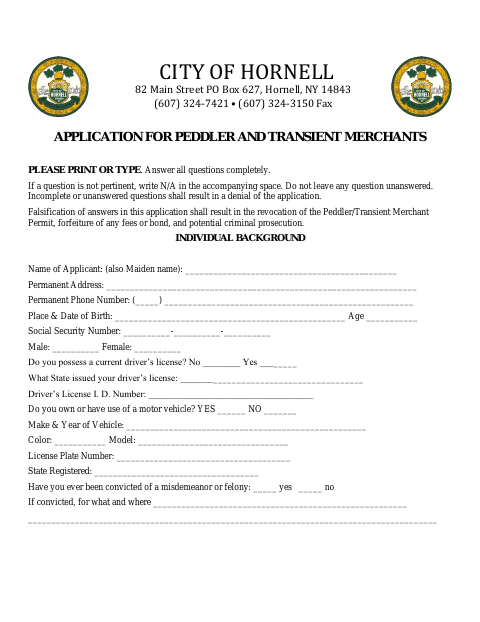 First page of the Peddler and Transient Merchant Application