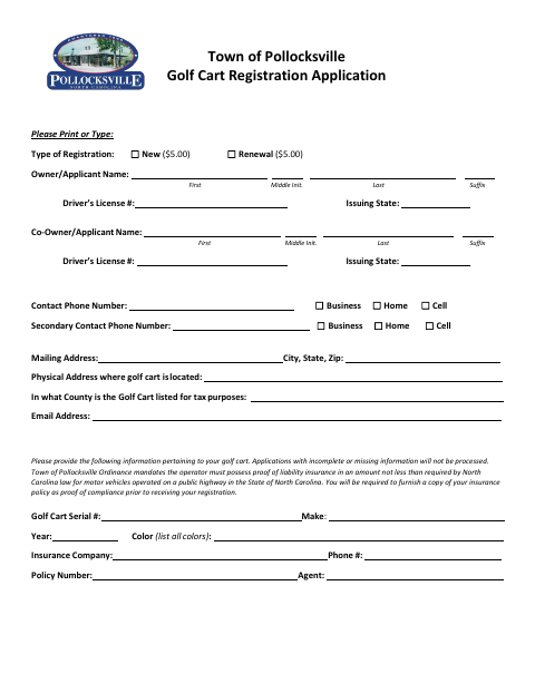 First page of the Golf Cart Registration Application