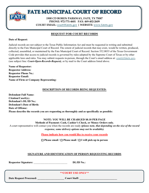 First page of the Request for Court Records