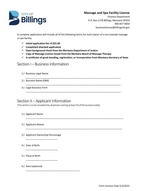 First page of the Massage and Spa Facility License Application