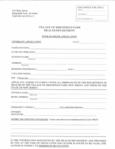First page of the Food Handler Itinerant Application