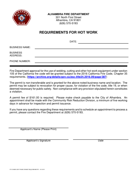 First page of the Requirements for Hot Work