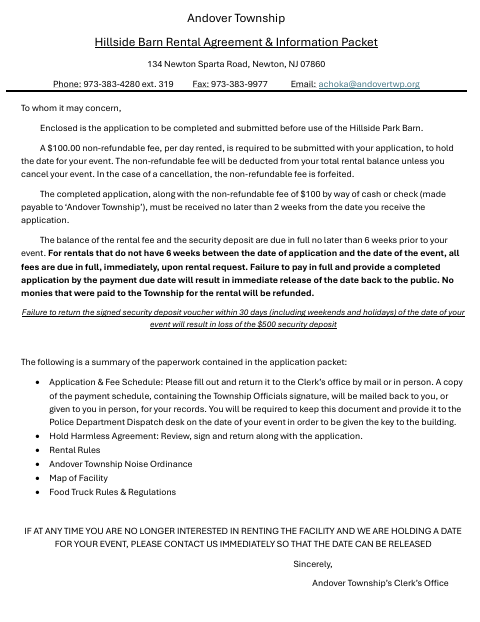 First page of the Hillside Barn Rental Agreement & Information Packet