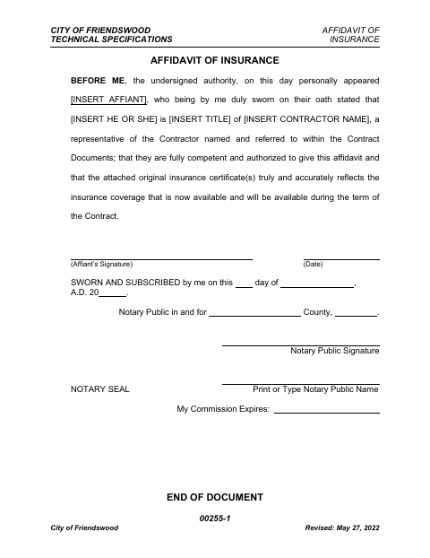 First page of the Affidavit of Insurance