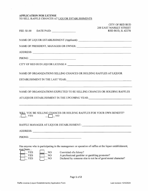 First page of the Raffle License (Liquor Establishments) Application Form