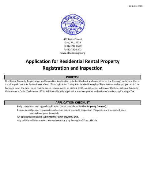First page of the Application for Residential Rental Property Registration and Inspection