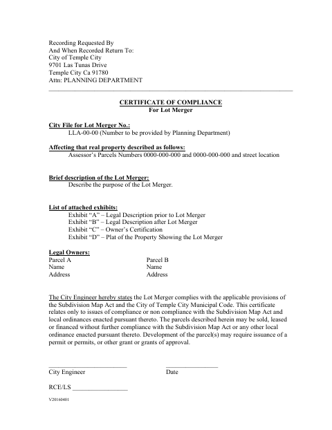 First page of the Certificate of Compliance for Lot Merger