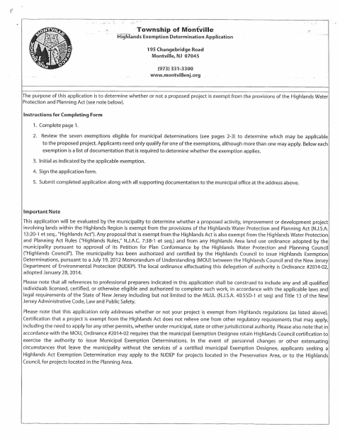 First page of the Highlands Exemption Determination Application