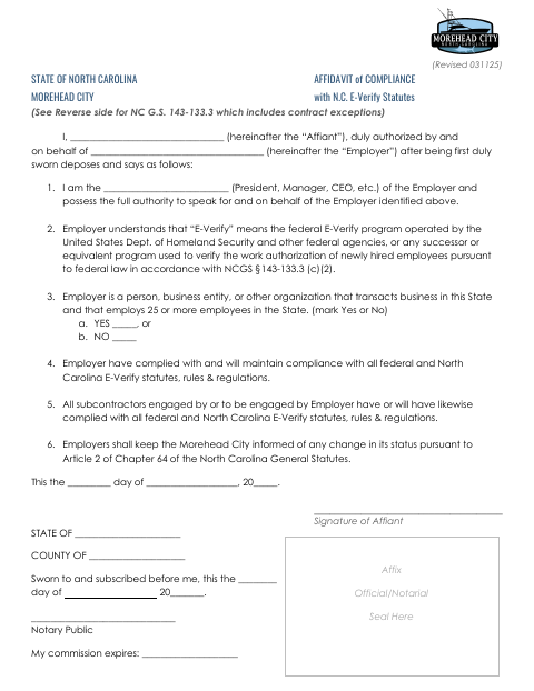 First page of the Affidavit of Compliance With E-Verify Statutes