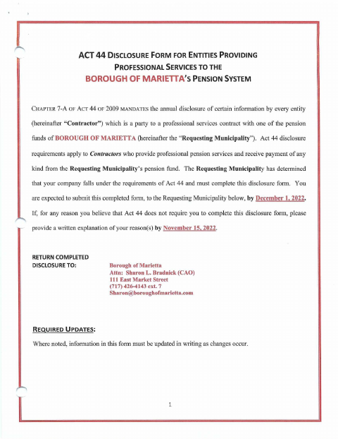 First page of the Act 44 Disclosure Form for Entities Providing Professional Services to the Borough Pension System