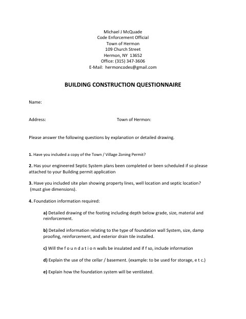 First page of the Building Construction Questionnaire