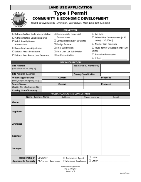 First page of the Type I Permit Application