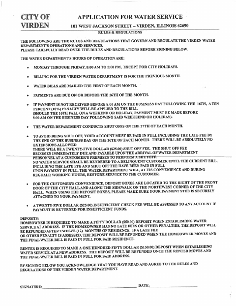 First page of the Water Service Rules and Regulations