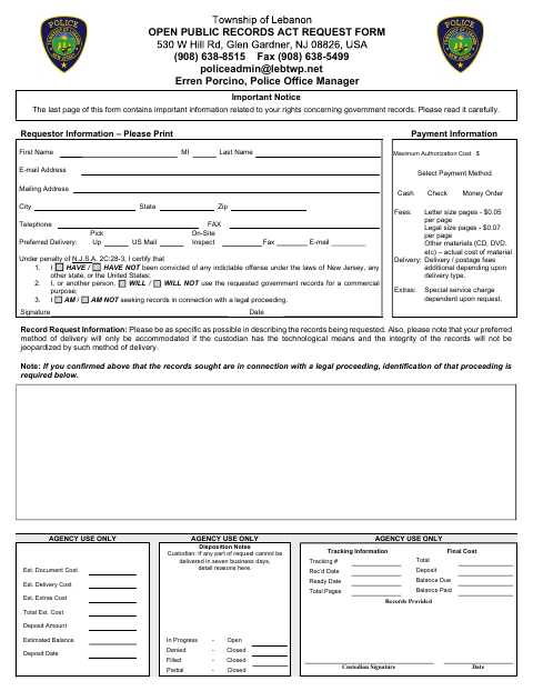 First page of the Open Public Records Act Request Form