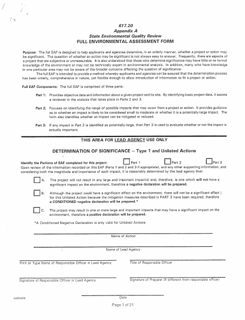 First page of the Full Environmental Assessment Form
