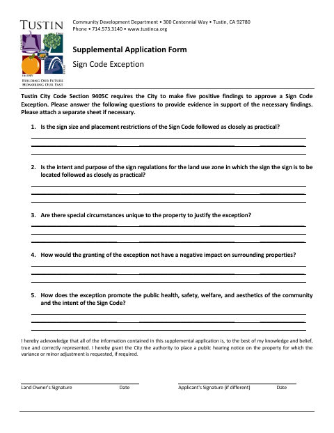 First page of the Supplemental Application – Sign Code Exception