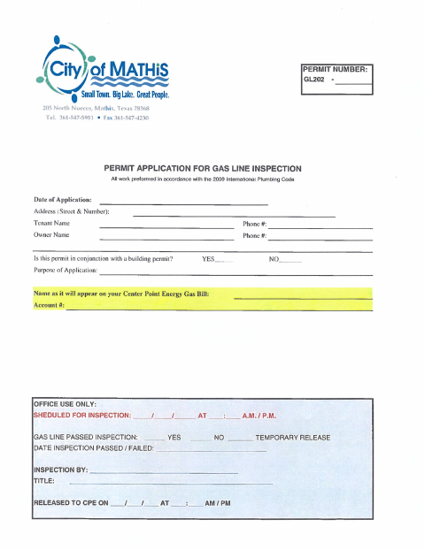 First page of the Gas Line Inspection Permit Application