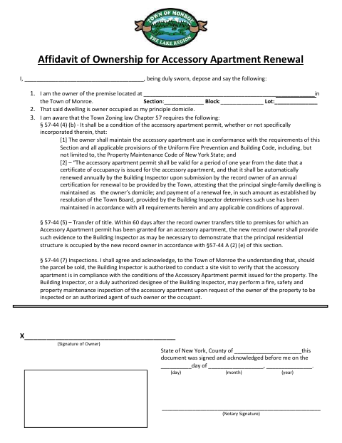 First page of the Affidavit of Ownership for Accessory Apartment Renewal