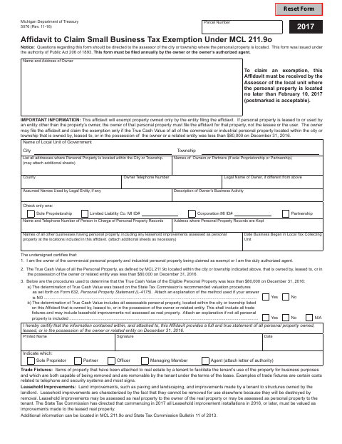 First page of the Affidavit to Claim Small Business Tax Exemption