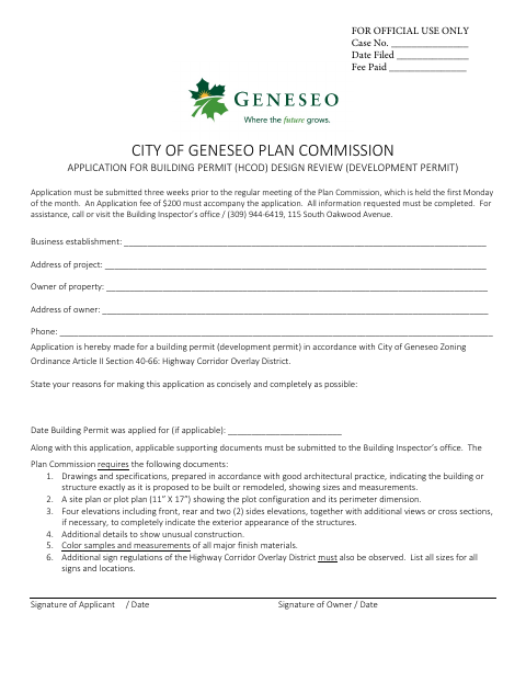 First page of the Application for Building Permit (HCOD) Design Review (Development Permit)