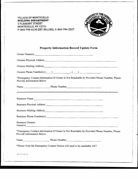First page of the Property Information Record Update Form