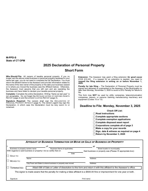 First page of the Declaration of Personal Property Short Form