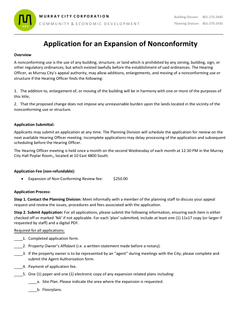 First page of the Expansion of Nonconformity Application
