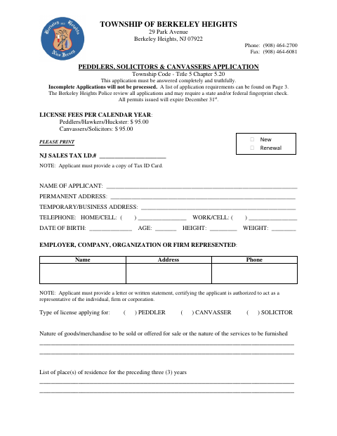 First page of the Peddlers, Solicitors & Canvassers License Application