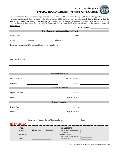 First page of the Special Encroachment Permit Application