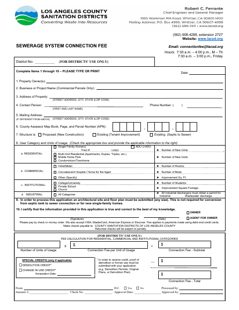 First page of the Sewerage System Connection Fee Application