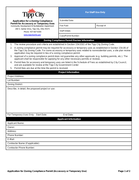 First page of the Application for Zoning Compliance Permit (Accessory or Temporary Use)