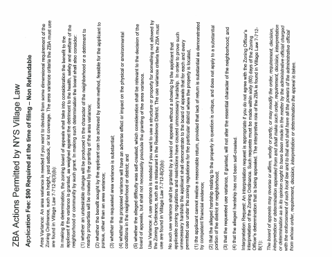 First page of the ZBA Variance Request
