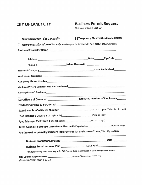 First page of the Business Permit Request