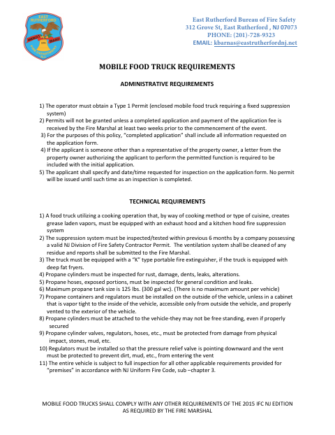 First page of the Mobile Food Truck Requirements