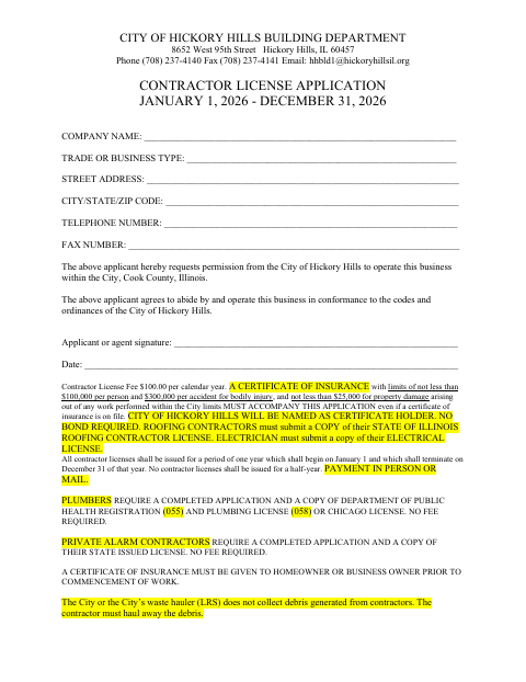 First page of the Contractor License Application