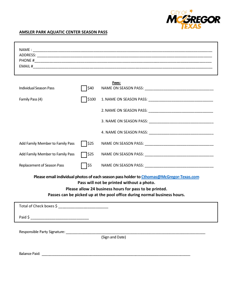 First page of the Amsler Park Aquatic Center Season Pass