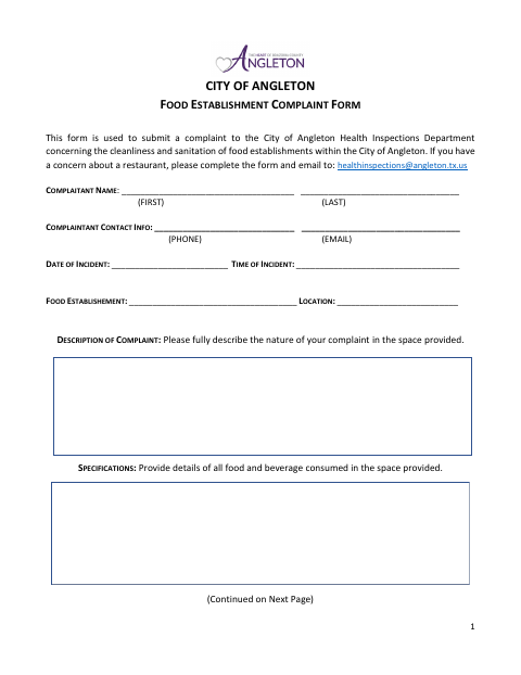 First page of the Food Establishment Complaint Form