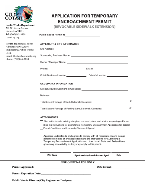 First page of the Application for Temporary Encroachment Permit (Revocable Sidewalk Extension)