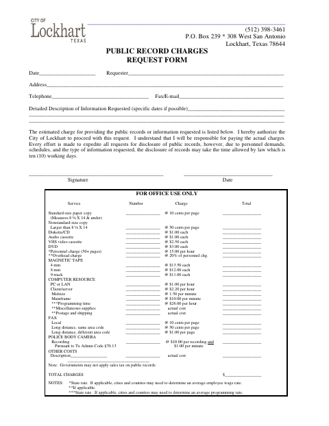 First page of the Public Record Charges Request Form