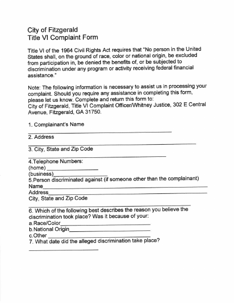 First page of the Title VI Complaint Form