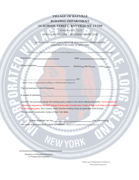 First page of the Affidavit of Compliance With the 2025 Energy Conservation Construction Code
