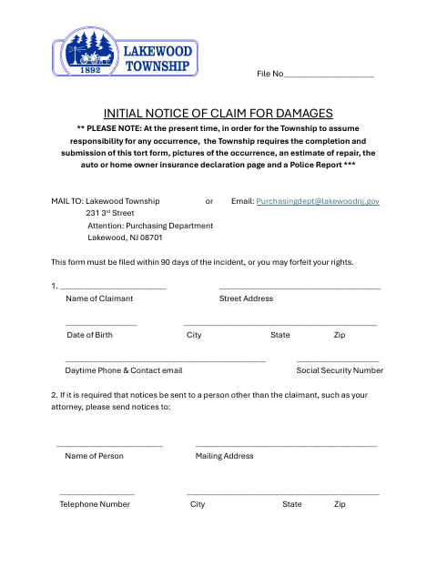 First page of the Initial Notice of Claim for Damages