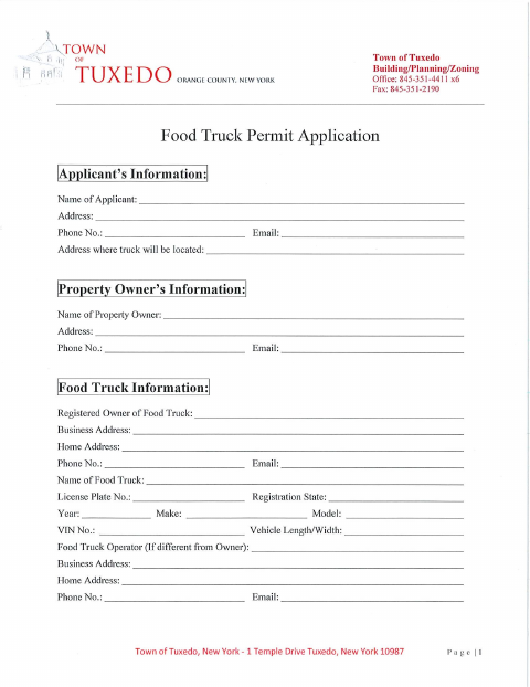 First page of the Food Truck Permit Application