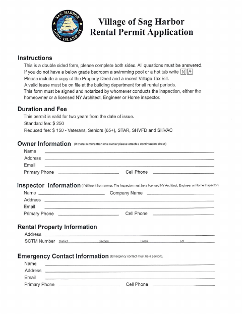 First page of the Rental Permit Application