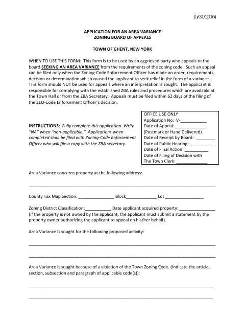 First page of the Application for an Area Variance